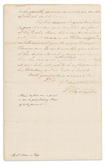 (AMERICAN REVOLUTION.) WASHINGTON, GEORGE. Autograph Letter Signed, "G:Washington," as Commander in Chief, to Robert Morris,